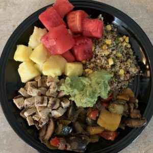 Clean eating with pasture-raised chicken, grilled vegetables, guacamole, watermelon and pineapple.