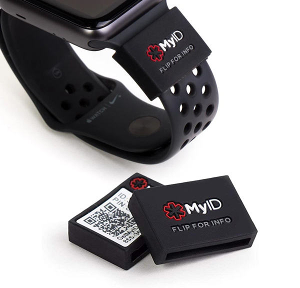 MyID for watch bands that has a QR code for 1st responders to scan and view medical details.