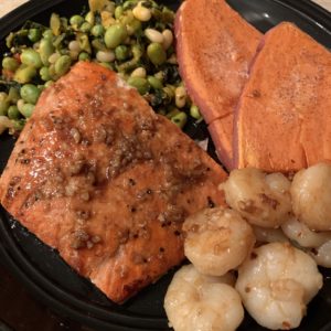 Garlic, Ginger, "Soy" Salmon with Scallops 