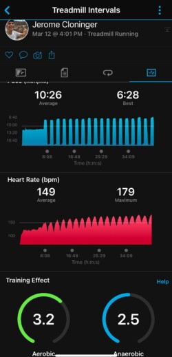 Garmin activity pace, heart rate, and training effect charts using a heart rate chest strap.