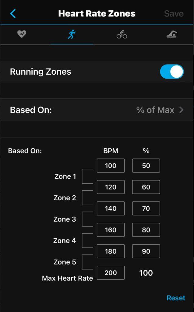 Garmin heart rate zones screen in the connect app.