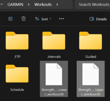 Place .fit files in the Garmin Workouts directory.